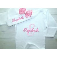 Baby Girl Coming Home Outfit Gown Mitten Cuffs Hat with Bow Personalized Monogrammed Newborn Baby Shower Gift Personalized Baby Clothes | Etsy (US)