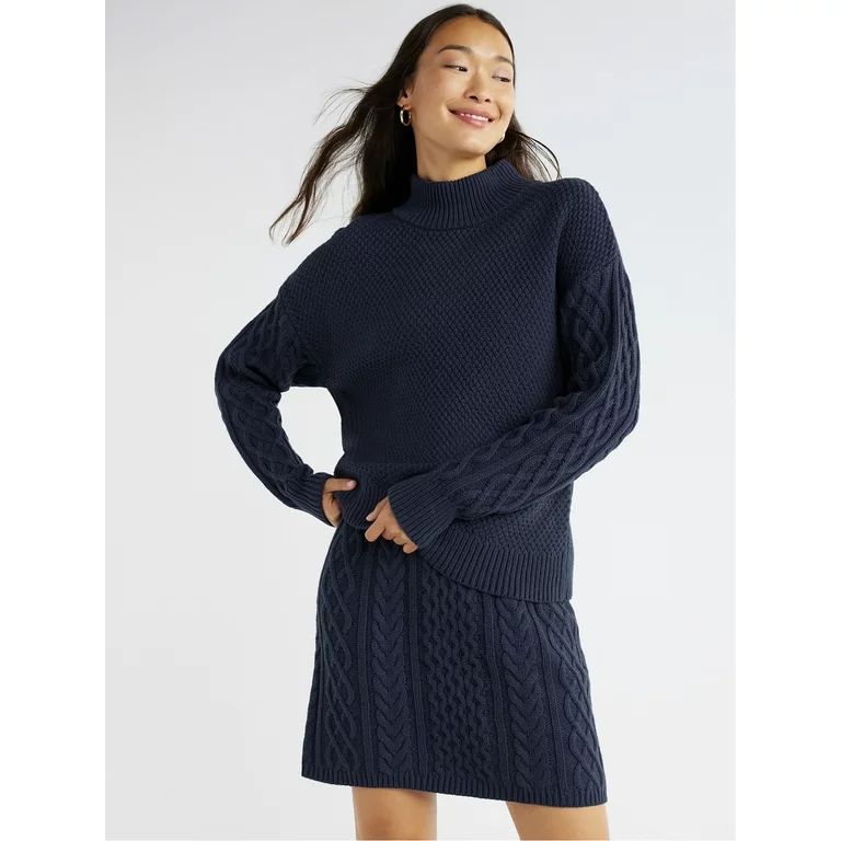 Time and Tru Women's Mock Neck Cable Knit Sweater and Skirt Set, 2-Piece, Sizes XS-XXXL | Walmart (US)