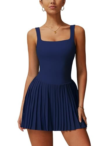 Pleated Tennis Dress for Women with Built-in Shorts and Bra Sleeveless Square Neck Athletic Dress Backless Workout Golf Dress Summer Mini Dresses for Women Navy Small | Amazon (US)