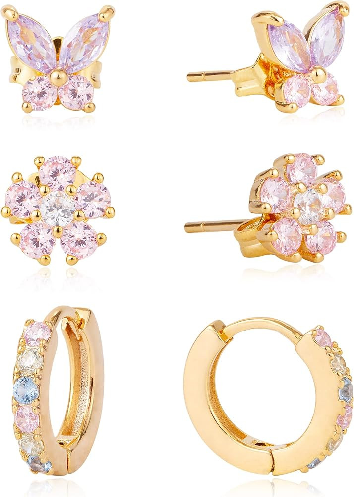 Kenivira 3 Pairs Gold Hoop Stud Earrings Set, 18K Gold Plated Hypoallergenic Lightweight Huggie E... | Amazon (US)