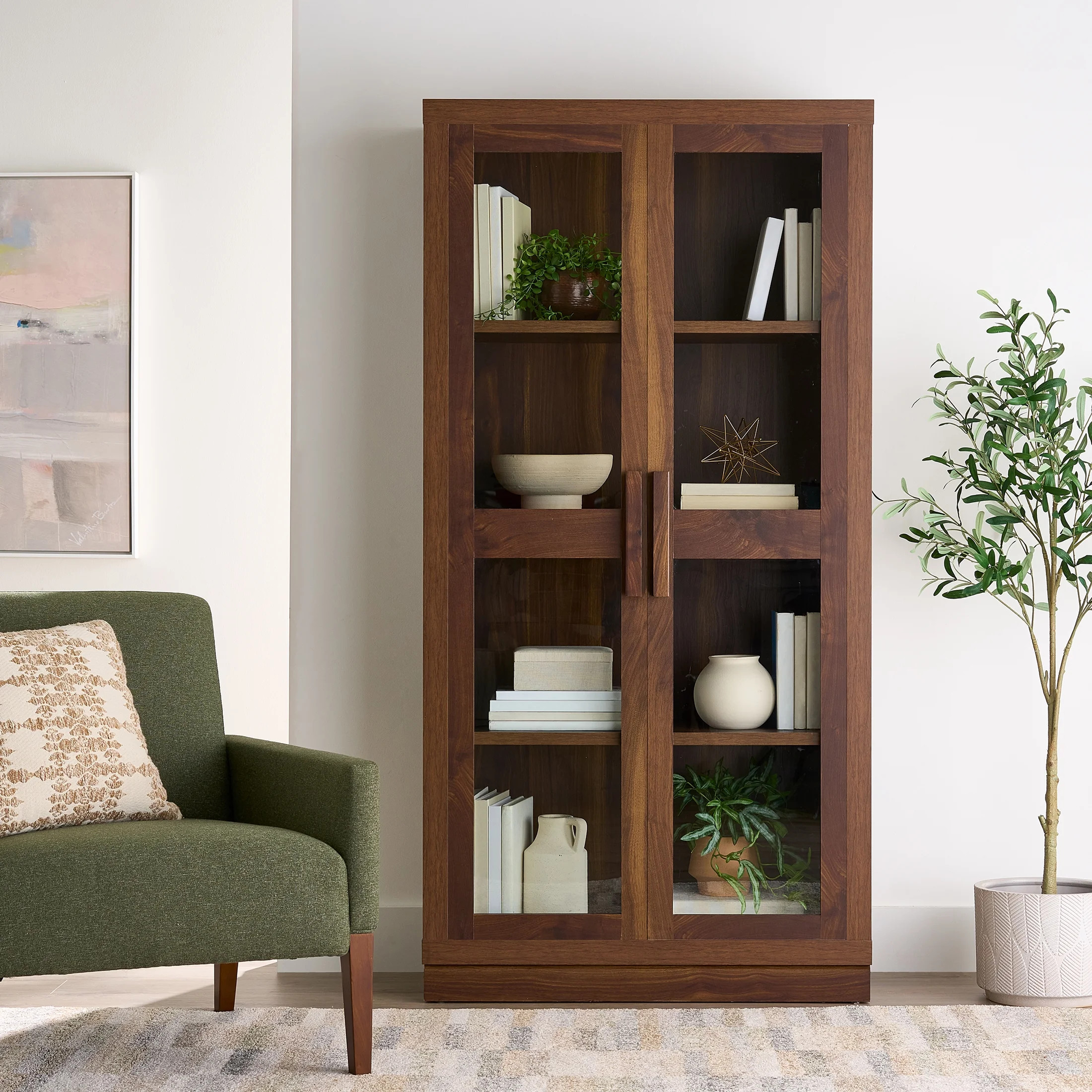 Better Homes & Gardens Ezra Glass Door Storage Accent Cabinet, Warm Walnut finish - Walmart.com | Walmart (US)