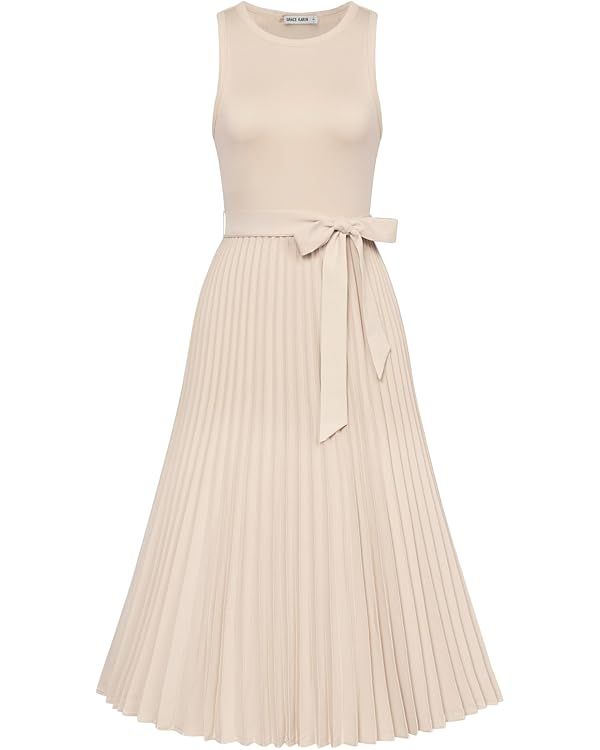 GRACE KARIN 2024 Women's Casual Summer Sleeveless Pleated Flowy Midi A-line Dresses with Belt | Amazon (US)