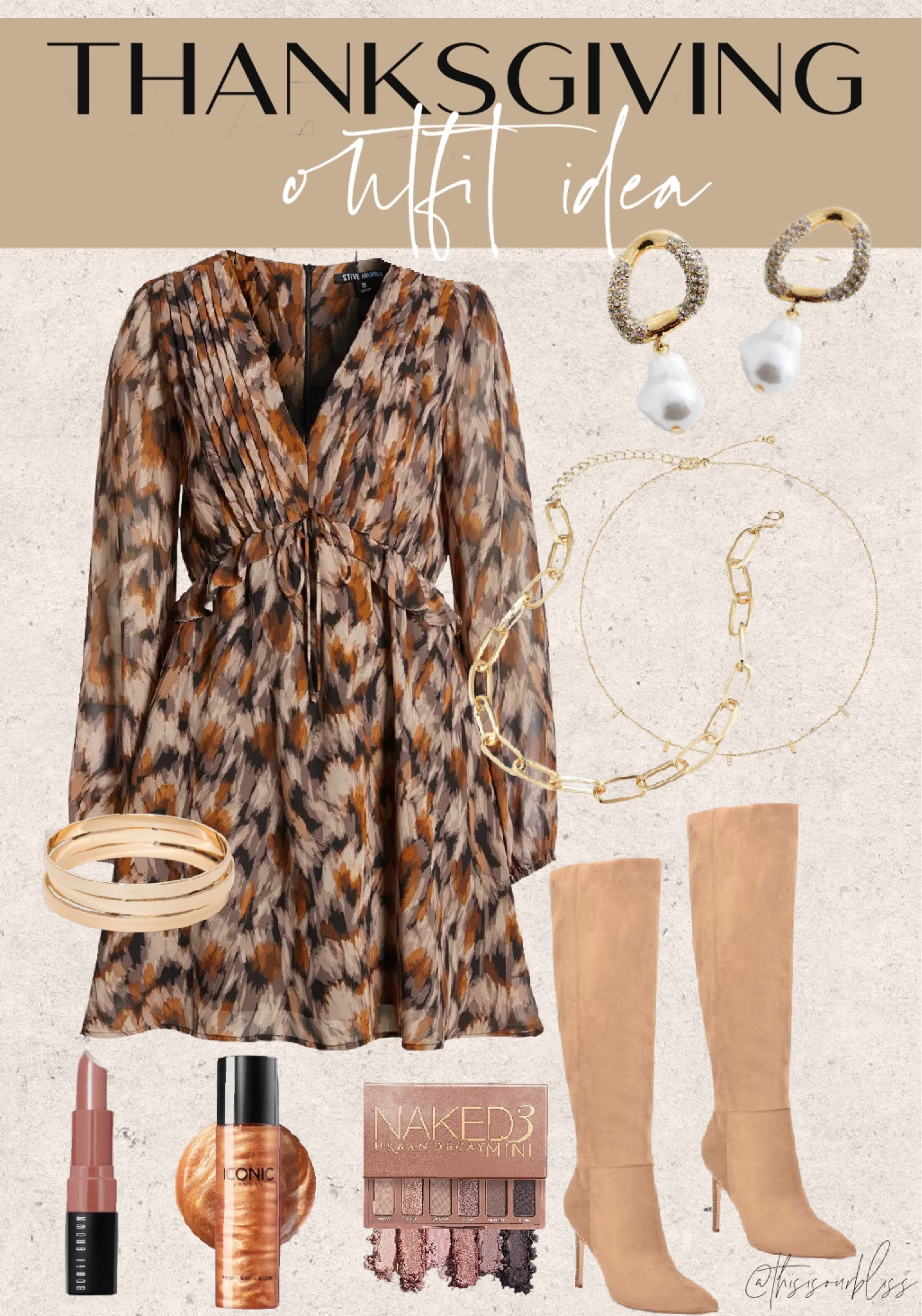 Thanksgiving outfit idea 🤎The perfect dress for thanksgiving dinner! 🍂 with boots + gold jewelry // fall outfit, tall boots 
#falldress
#kneehighboots
#thanksgivingdress
#fallfamilyphotooutfit

#LTKSeasonal #LTKfindsunder50 #LTKsalealert