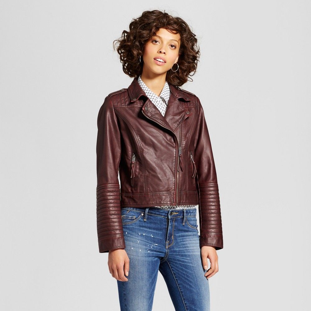 Women's Faux Leather Moto Jacket - Xhilaration (Juniors') Burgundy (Red) M | Target