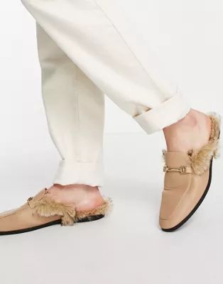 ASOS DESIGN backless mule loafer in stone faux leather with faux fur | ASOS (Global)