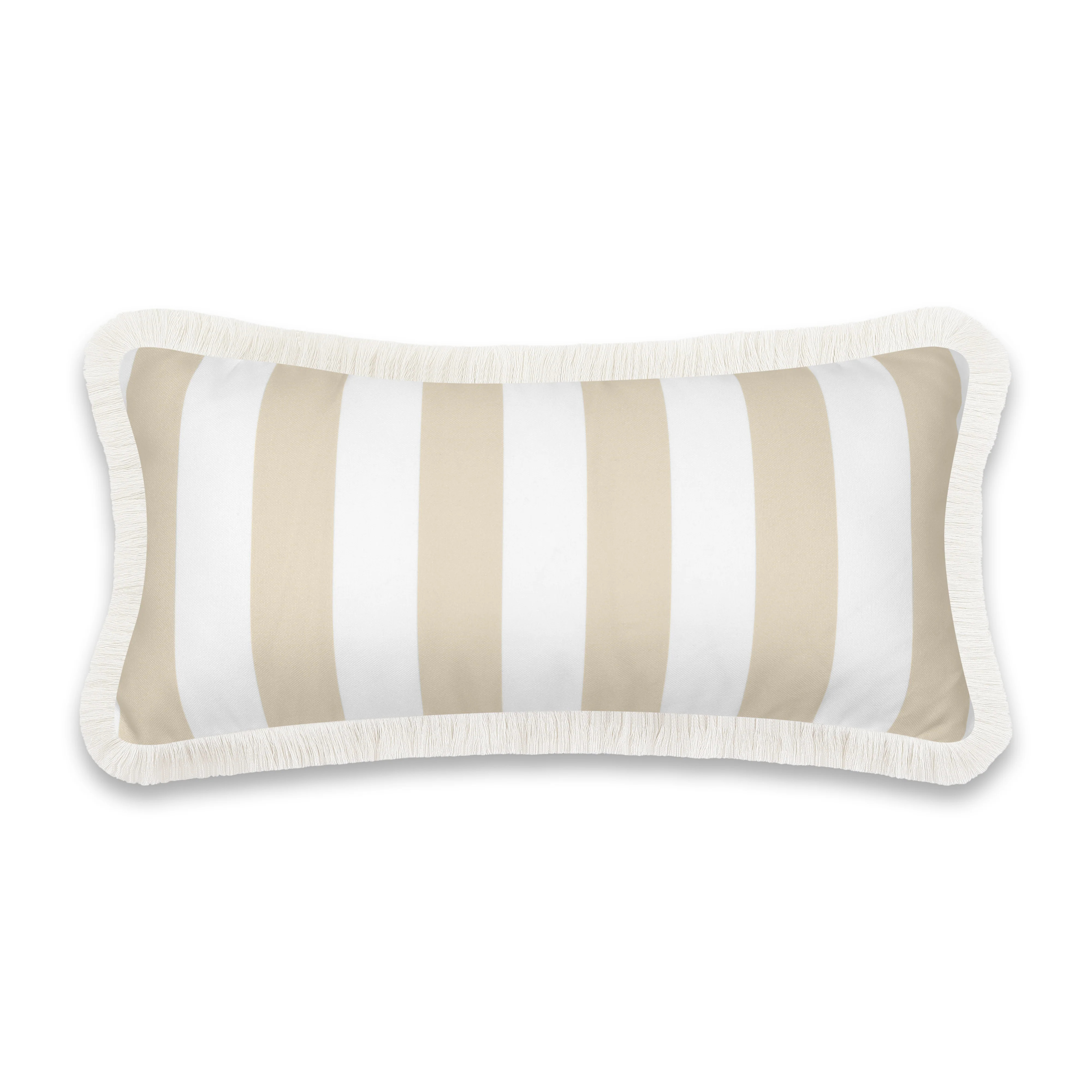 Coastal Indoor Outdoor Long Lumbar Pillow Cover, Stripes with Fringe, Neutral Tan, 12 | Hofdeco