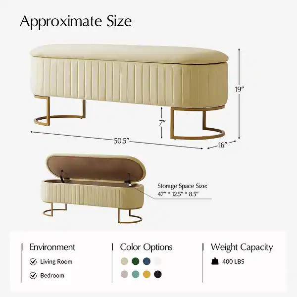 Paula Modern 50.5" Wide Velvet Flip Top Storage Soft Bench with Metal Base by HULALA HOME - BEIGE | Bed Bath & Beyond
