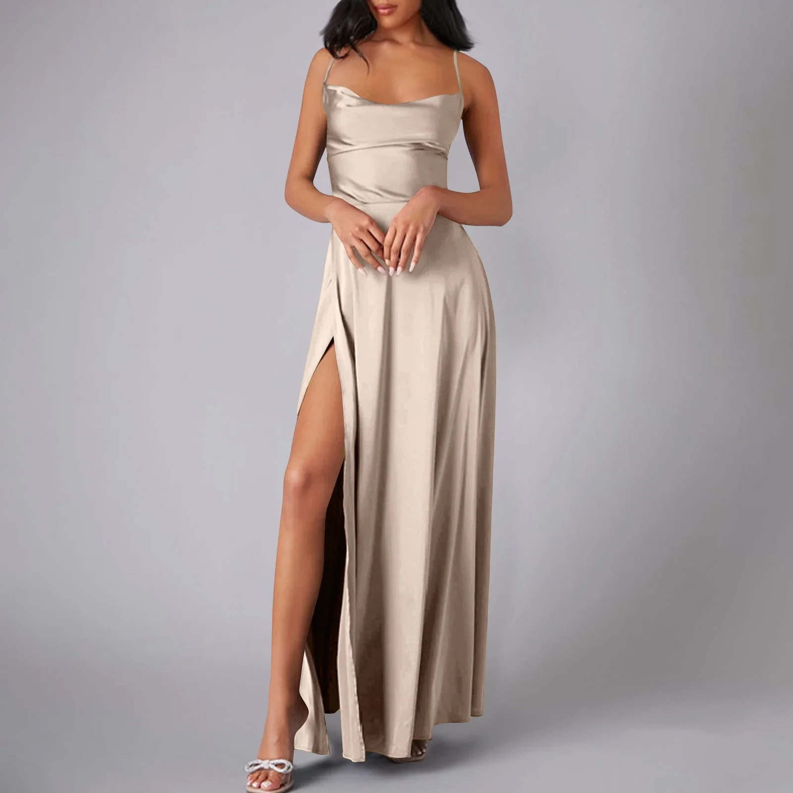 TMOYZQ Women's Satin Prom Dress with Slit Long Spaghetti Strap Cowl Neck Formal Evening Cocktails Party Gowns Wedding Guest Dresses for Women | Walmart (US)