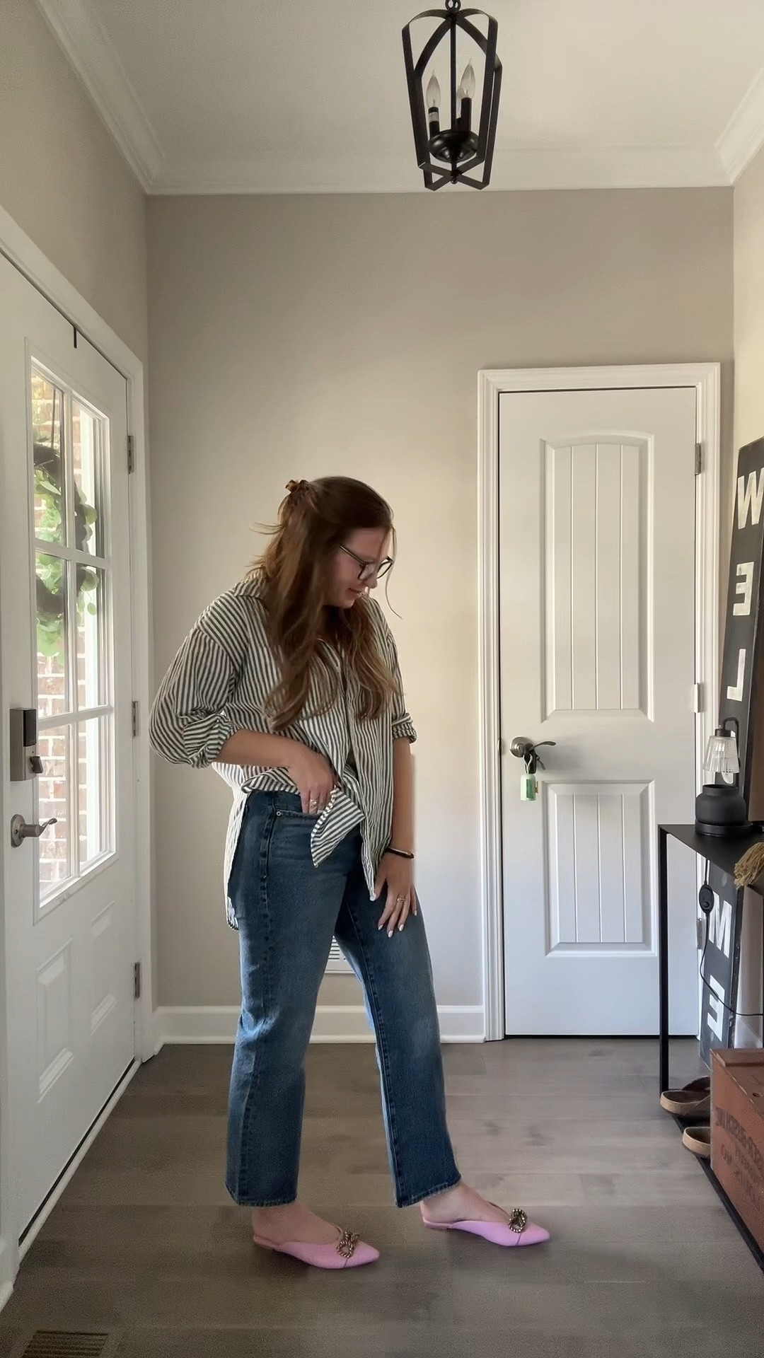 Striped button down / oversized / wearing a small
Ankle jeans / tts wearing a 28
Blue light glasses 
Hair claw clip 
Linked similar pink shoes 

#LTKootd #LTKdayinmylife #LTKWorkwear