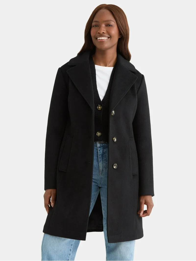 Time and Tru Women's and Women's Plus Faux Wool Boyfriend Coat, Sizes XS-2X | Walmart (US)