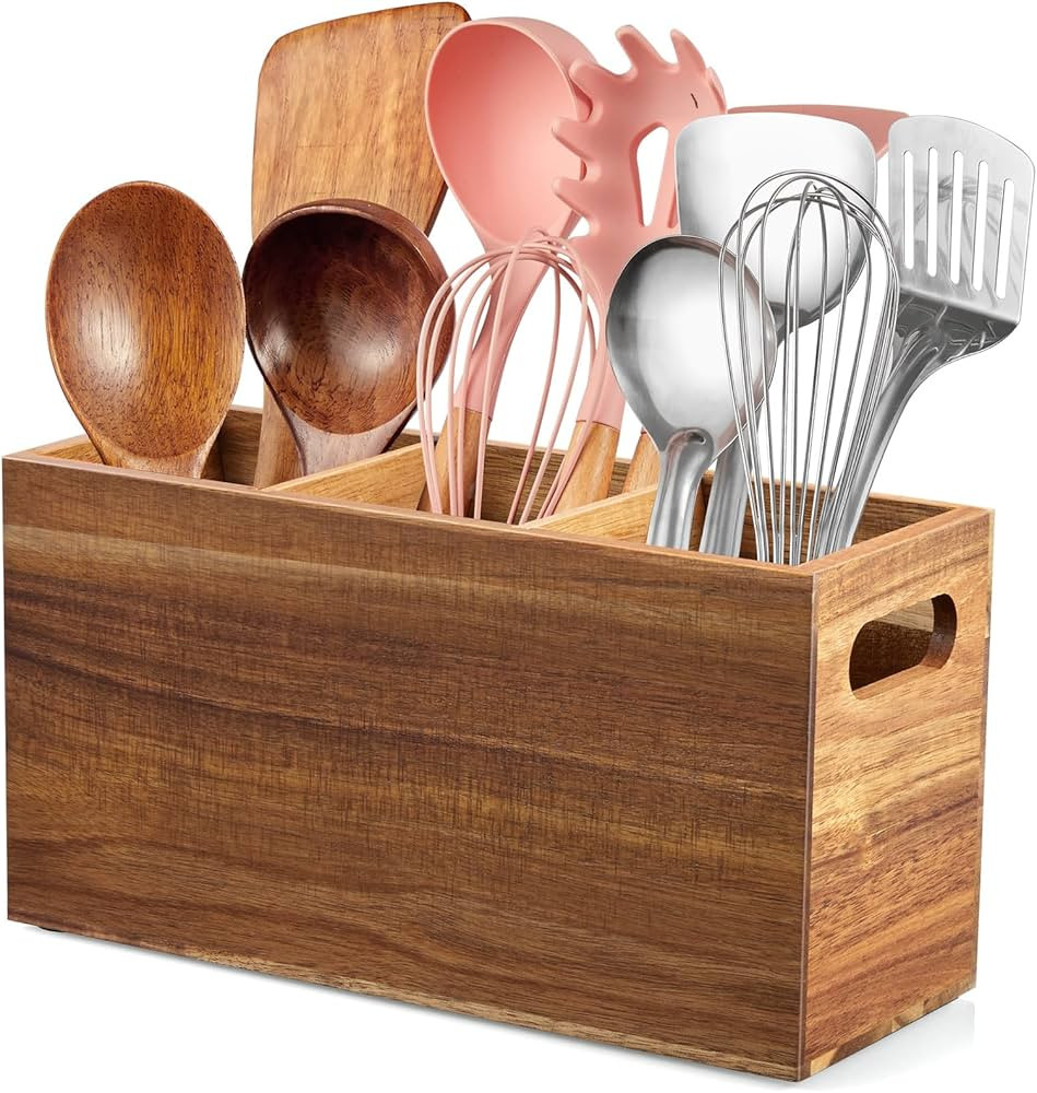 ALELION Acacia Wood Utensil Holder for Kitchen Counter - 3 Compartment Large Kitchen Utensil Cadd... | Amazon (US)