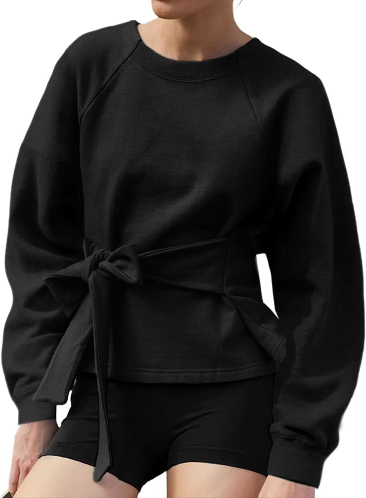 Zhiyouni Women's Long Sleeves Shirt Tops Casual 2025 Fall Fashion Crewneck Tie Knot Sweatshirt Pu... | Amazon (US)