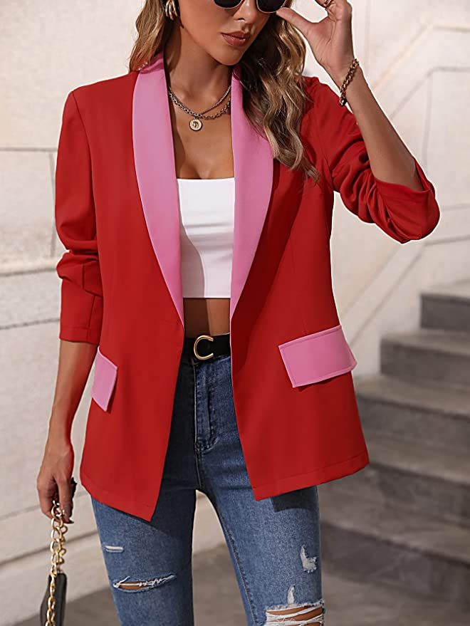 WDIRARA Women's Color Block Shawl Collar Long Sleeve Open Front Work Office Jacket Blazer | Amazon (US)