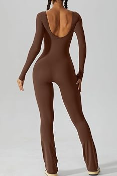 QINSEN Womens Sexy Open Back Long Sleeve Flared Bottom Pants Romper Bodycon Jumpsuit | Amazon (US)