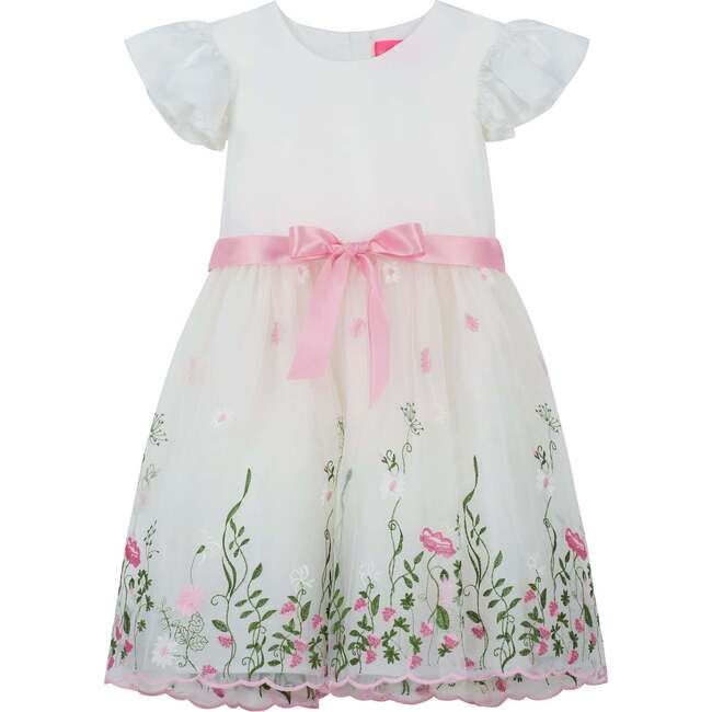 Garden Floral Ruffle Sleeve Party Dress, White And Pink | Maisonette