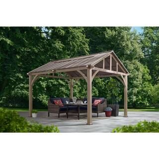 Hampton Bay Lindmoore 11 ft. x 13 ft. Taupe Pitched Roof Hard Top Gazebo A102013010 | The Home Depot