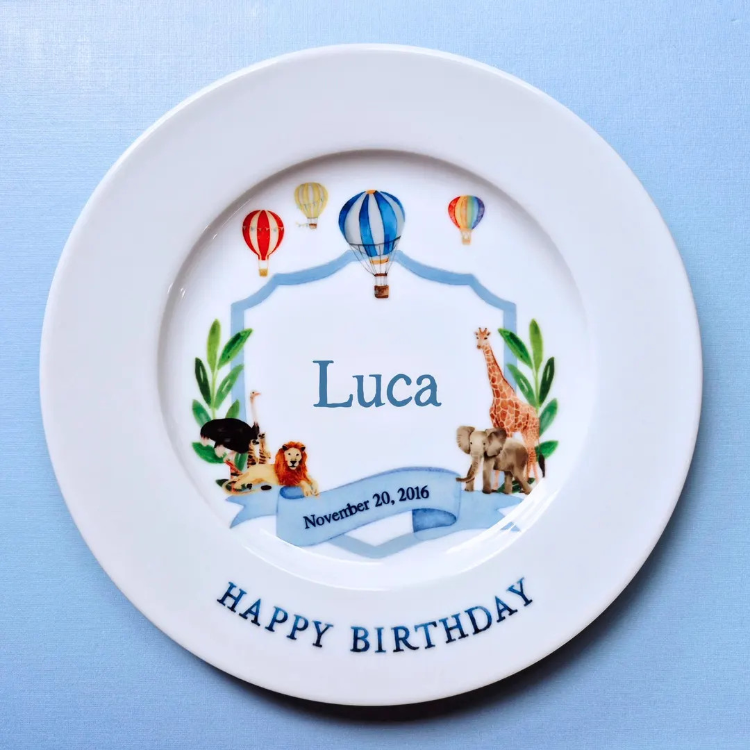 Personalized Ceramic Birthday Plate for Boys and Girls With Safari Animals & Hot Air Balloons - E... | Etsy (US)