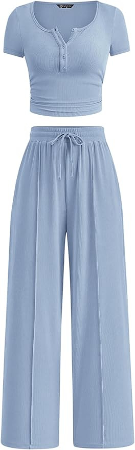 PRETTYGARDEN Womens 2 Piece Outfits Summer 2026 Ribbed Knit Button Short Sleeve Tops Casual Wide ... | Amazon (US)