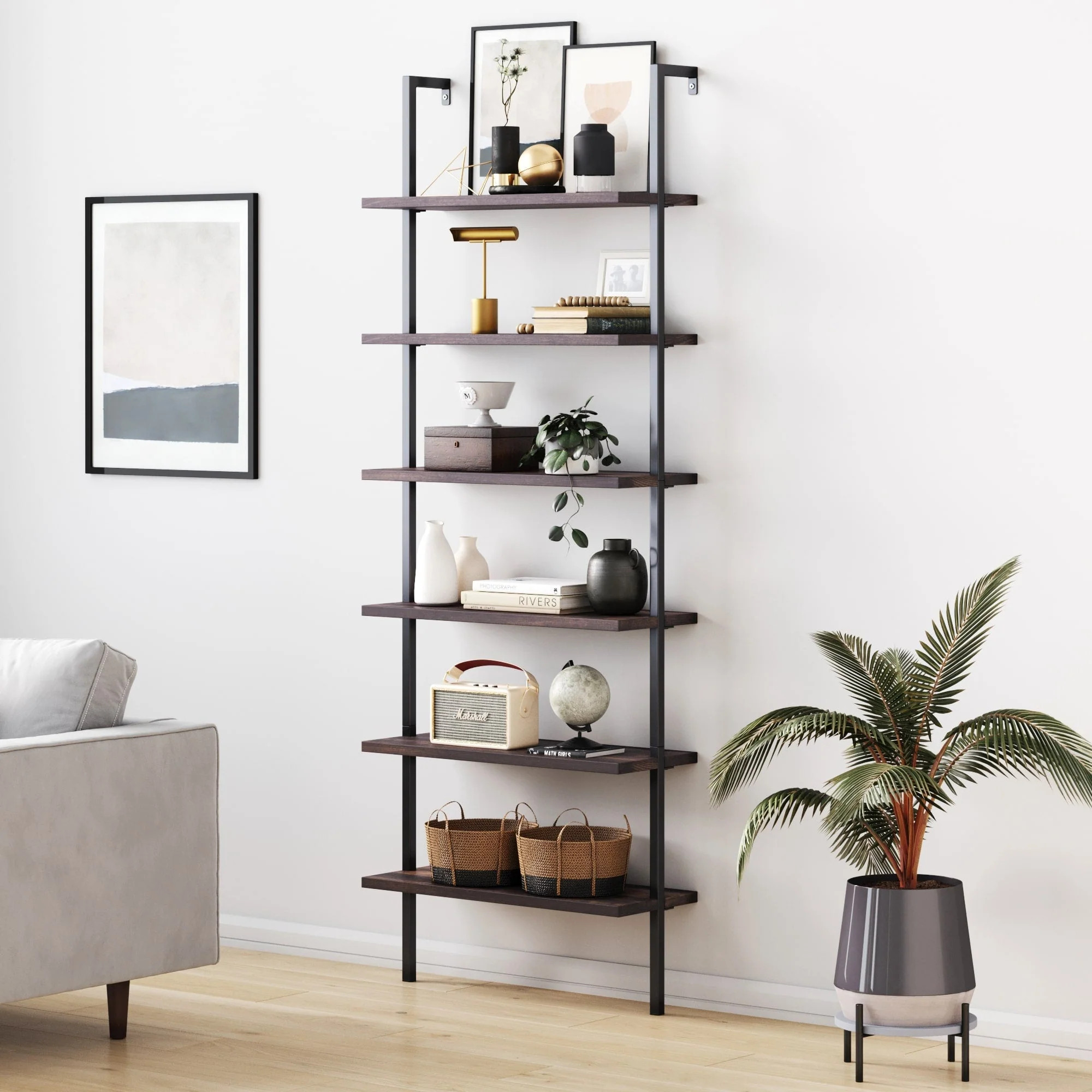 6-Shelf Ladder Bookshelf Nutmeg Matte Black | Nathan James