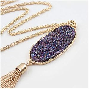 YUJIAXU Gold Abalone Shell Druzy Stone Long Tassel Necklace Druzy Pendent Necklace | Amazon (US)