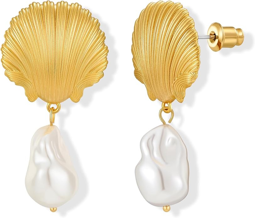 Boho Fish Shell Starfish Dangle Earrings For Women Statement Long Seashell Pearl Drop Earrings Su... | Amazon (US)