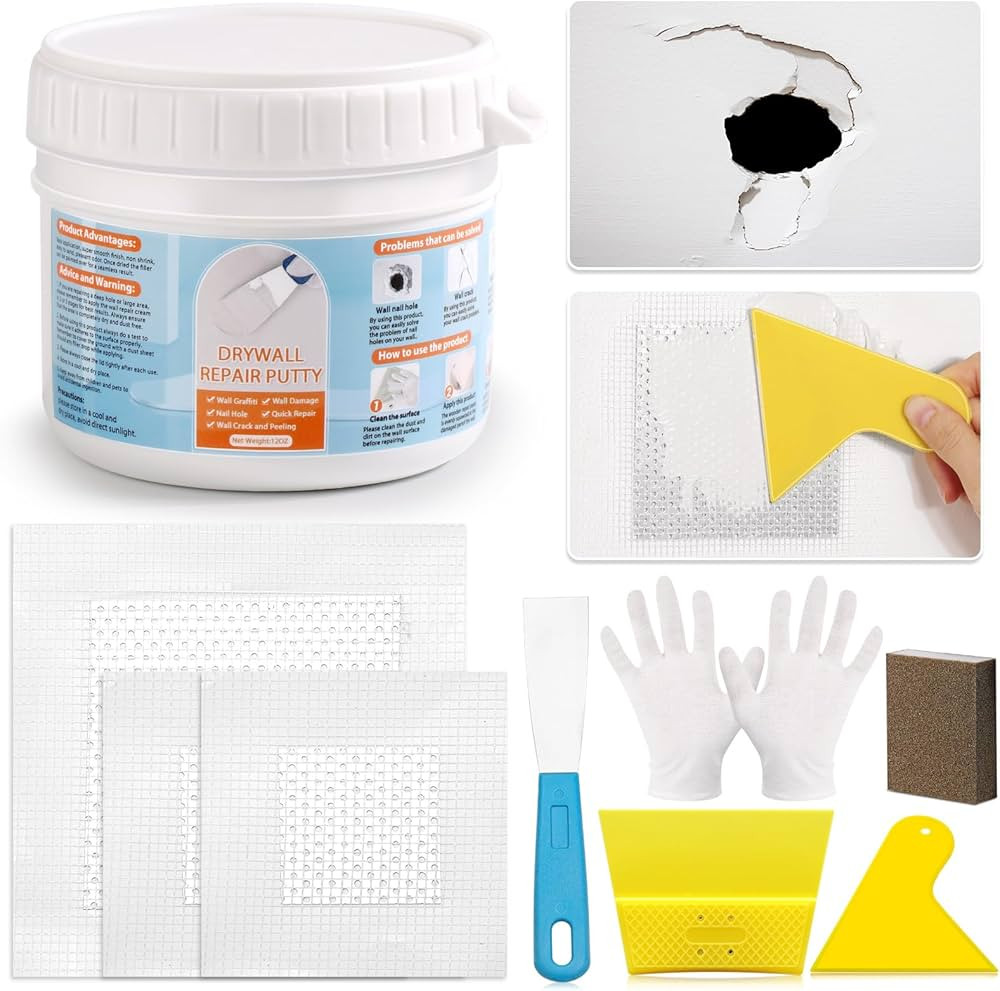 Drywall Repair Kit, Wall Surface Hole Patch Repair Kits with 12OZ White Putty Hole Filler, Fix Wa... | Amazon (US)