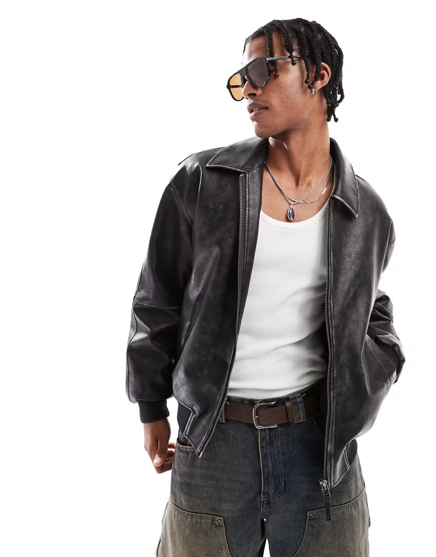 Bershka faux leather jacket in washed black | ASOS (Global)