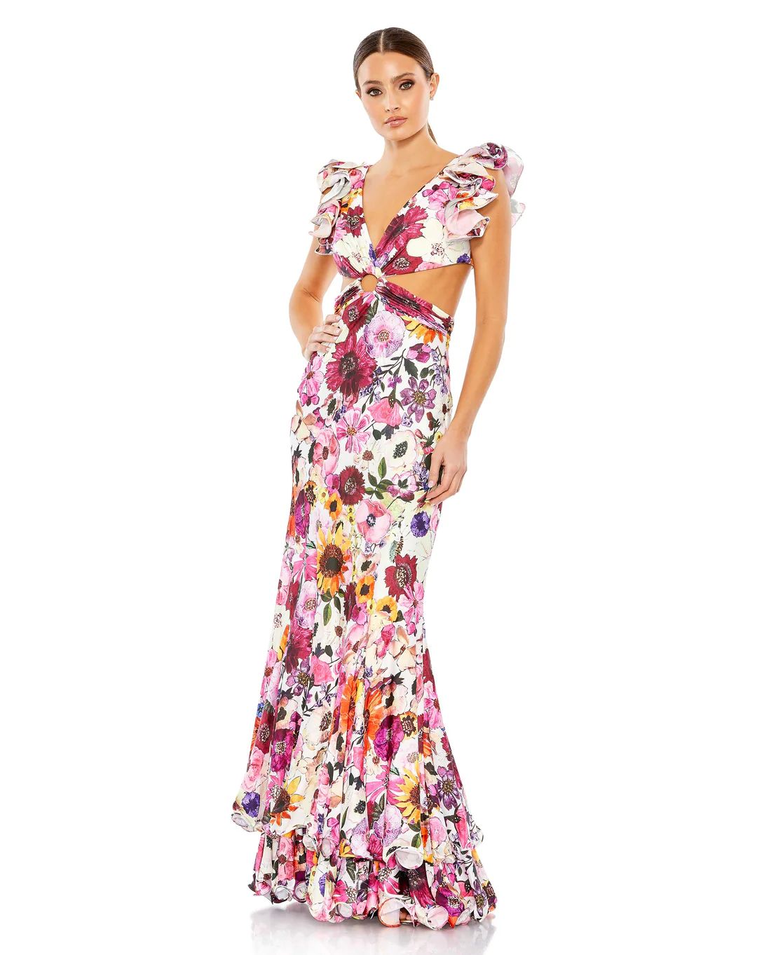 Floral Print Ruffle Shoulder Cut Out Gown | Mac Duggal