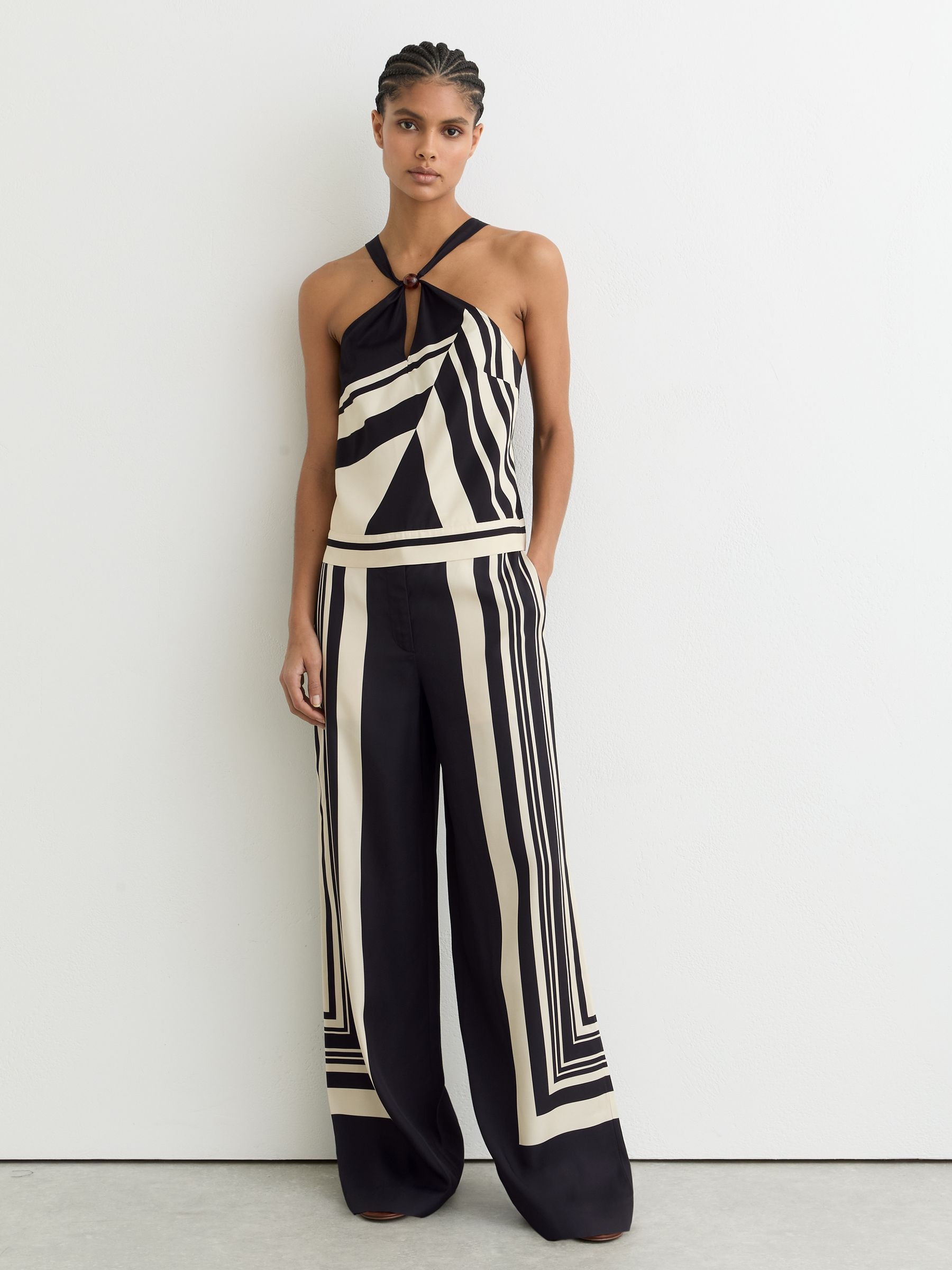 Reiss Wide-Leg Scarf-Print Trousers in Black | REISS | Reiss US