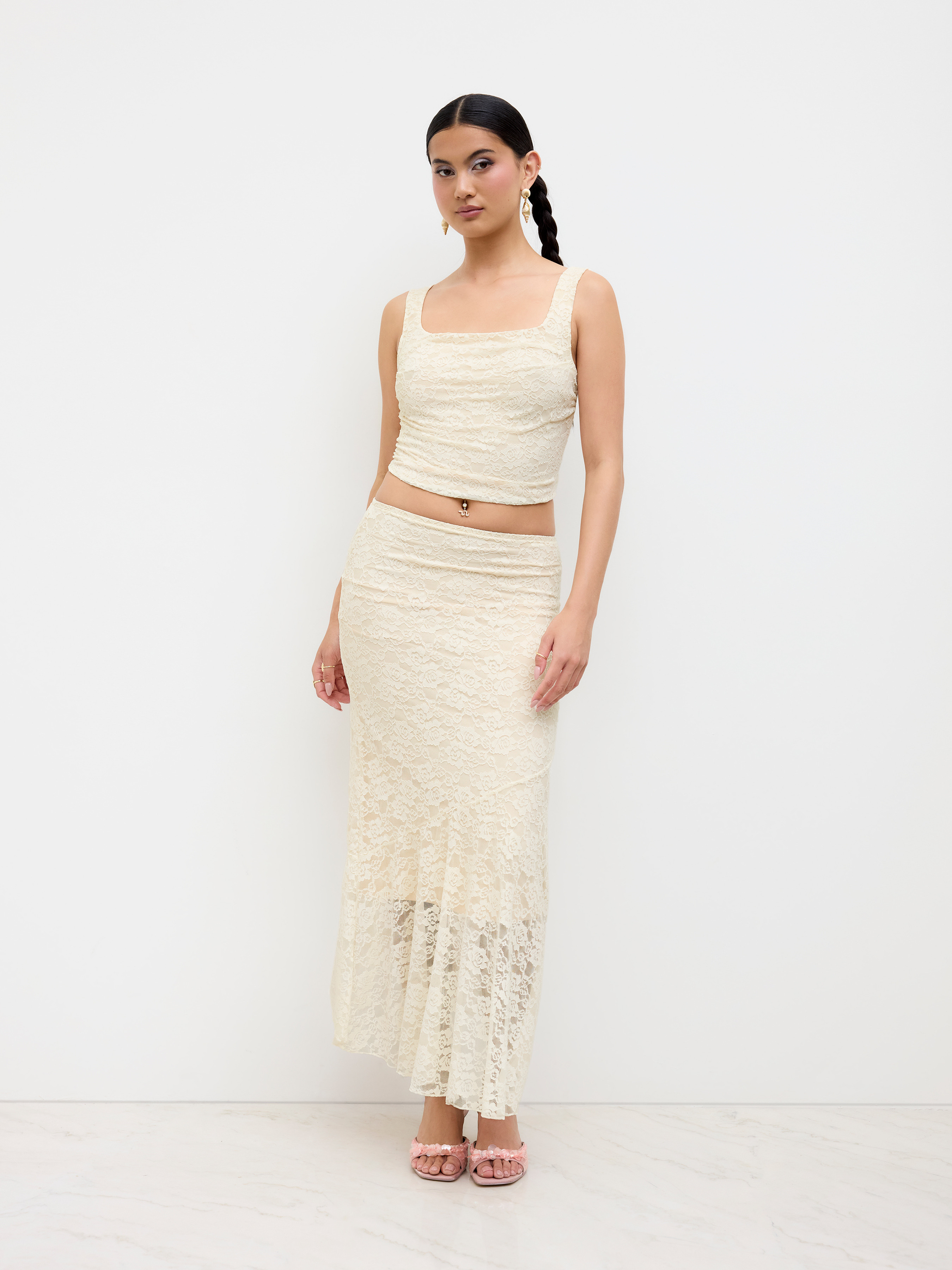 Lace Lace U-neckline Tie Back Tank Top & Mid Rise Ruffle Mermaid Maxi Skirt Set For Date | Cider