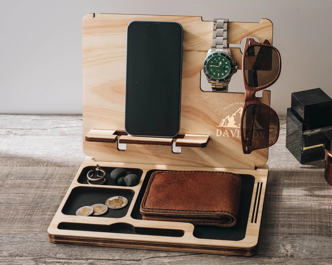 Personalized Wooden Engraved Docking Station, Custom Gift for Dad, Desk Organizer Phone Stand, An... | Etsy (US)