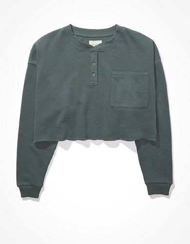 AE Fleece Cropped Henley Sweatshirt | American Eagle Outfitters (US & CA)