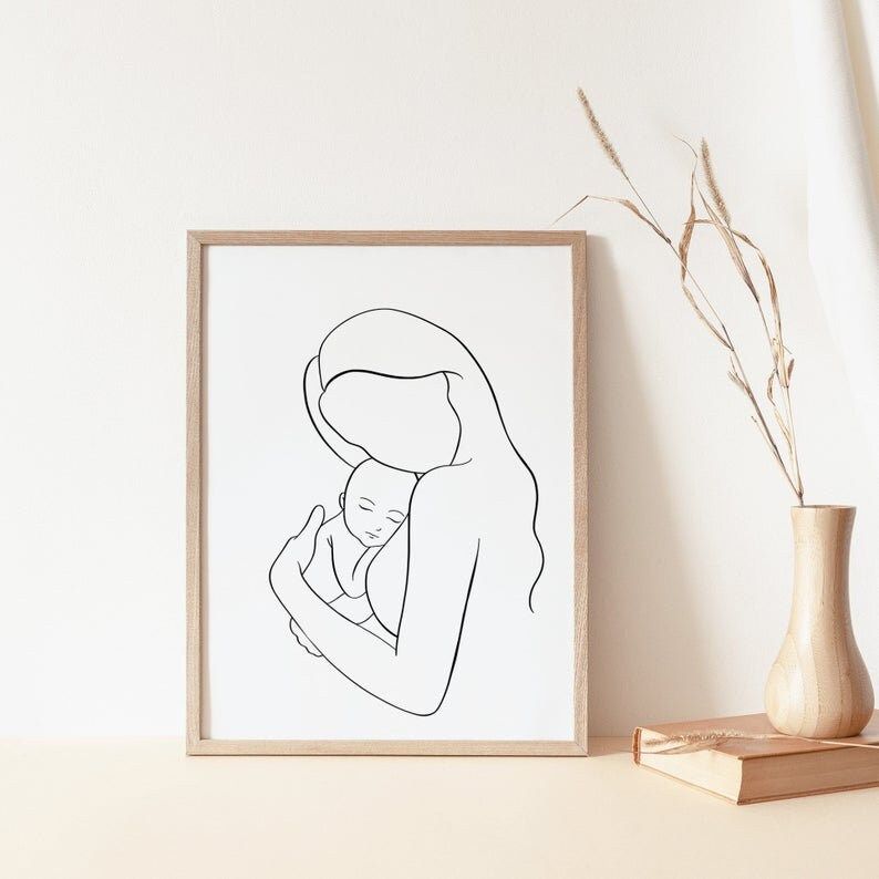 Mom and Baby Black and White Line Art, Mother and Child Minimalist Printable Wall Art, Mother's D... | Etsy (US)