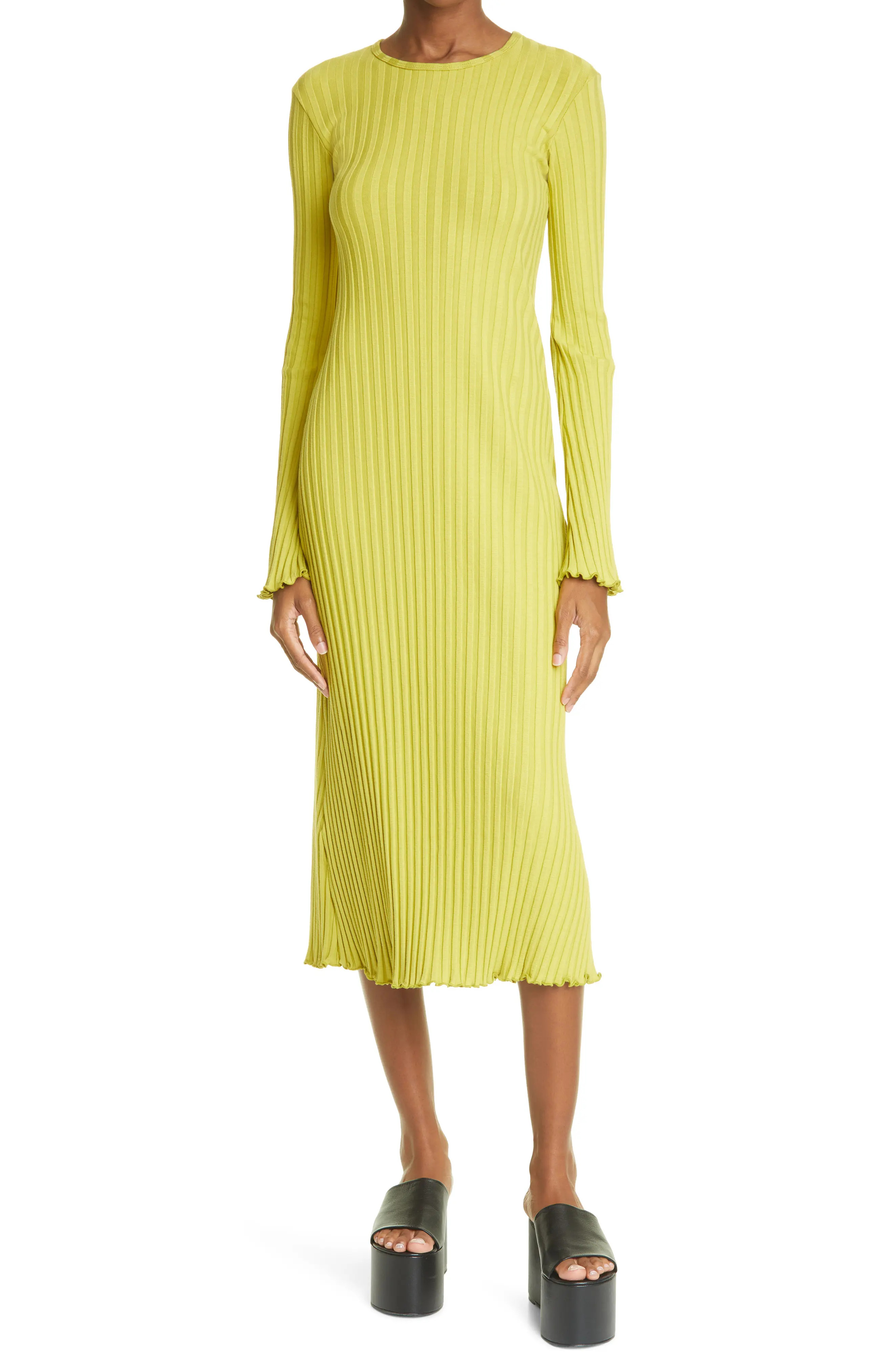 Simon Miller Wells Rib Long Sleeve Midi Dress in Kiwi at Nordstrom, Size Large | Nordstrom