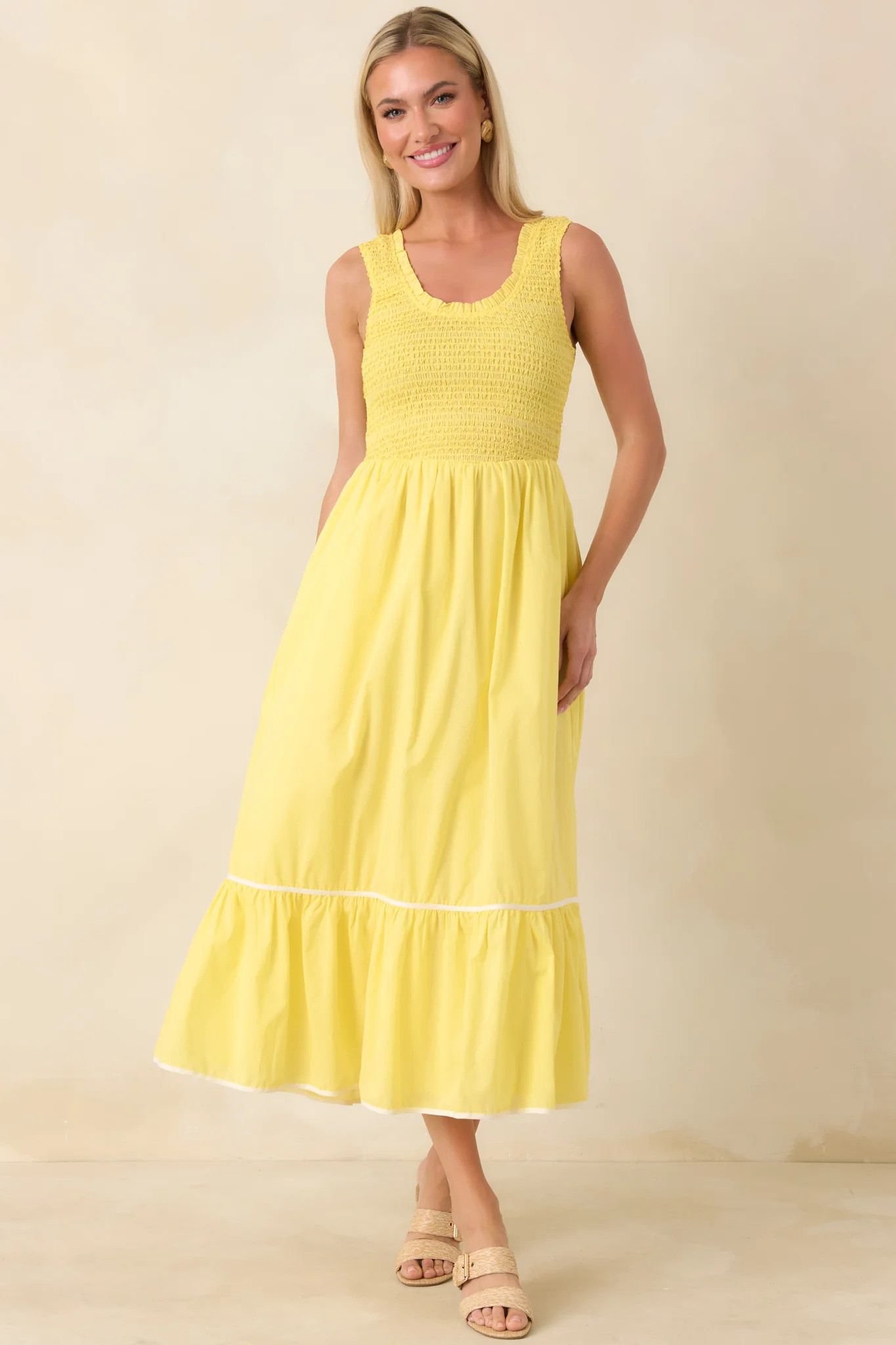 Today’s the Day Yellow Textured Cotton Tiered Midi Dress - M / Yellow | Red Dress