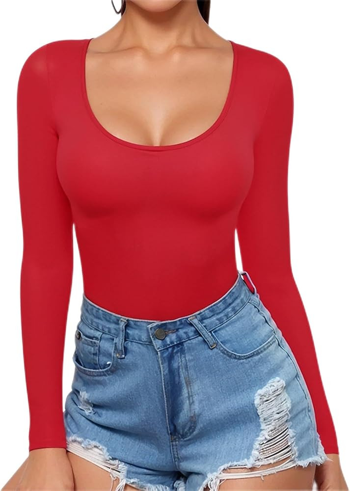 MANGOPOP Womens Scoop Neck Long Sleeve Slim Fit T Shirt Tunic Tops Tee | Amazon (US)