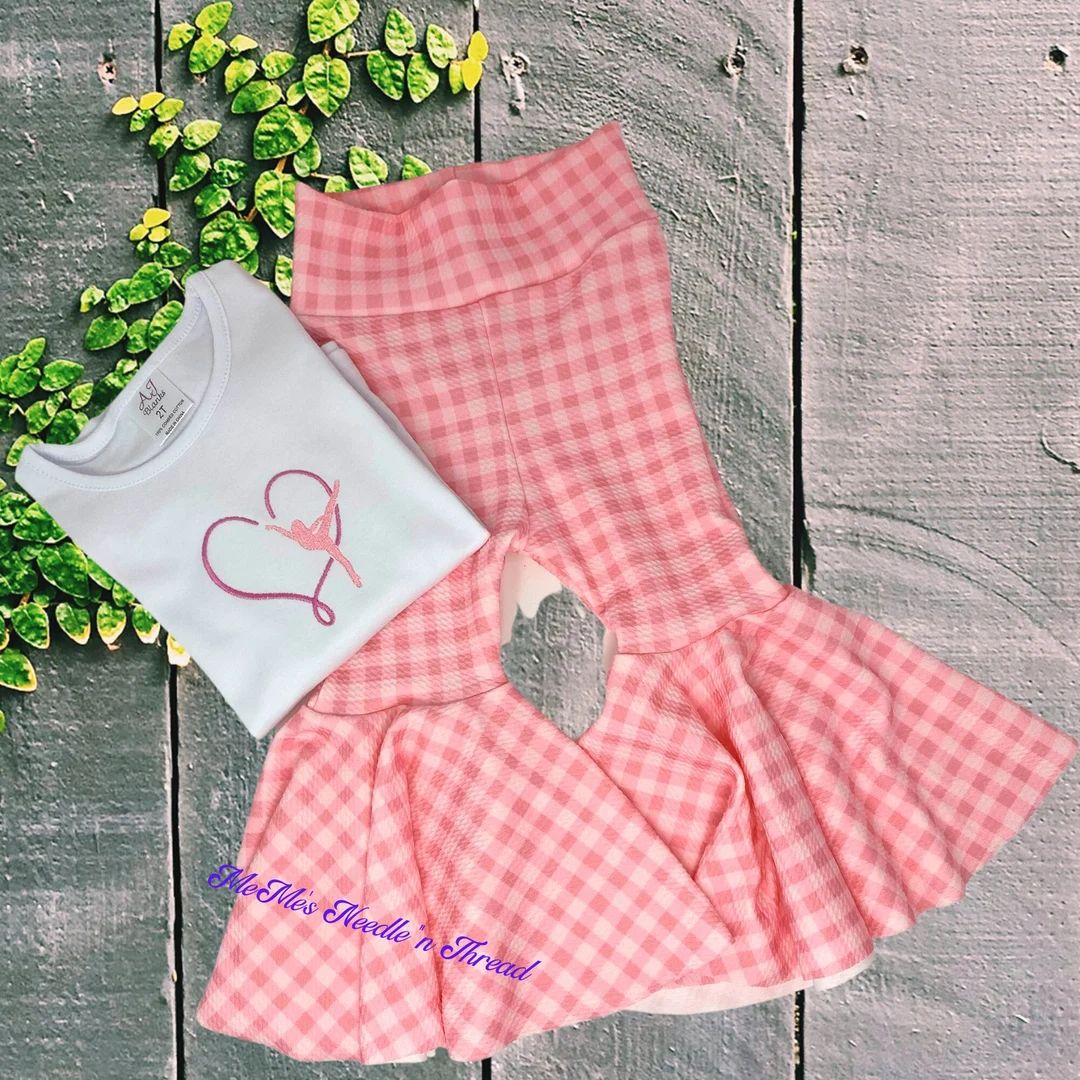 Pink Plaid Bell Bottom Pants and Heart and Dancing Ballerina Shirt or Bodysuit Outfit, Can Be Per... | Etsy (US)