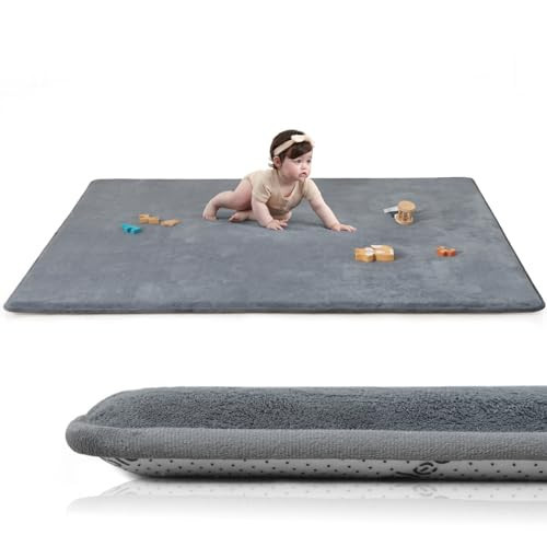 Baby Play Mat for Floor,Extra Large 59"×71" Tummy Time Mat,Thicker Memory Foam Mat for Toddler,Infant,Kids,Water Repellent Ultra Soft Coral Velvet,Non-Slip Backing Safe for Crawling(Dark Grey) | Amazon (US)