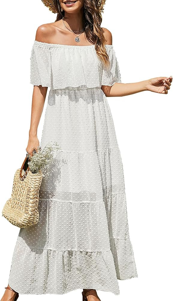 KIRUNDO Summer Women’s Off Shoulder Maxi Dress Polka Dots Short Sleeves High Waist Pleated Long... | Amazon (US)