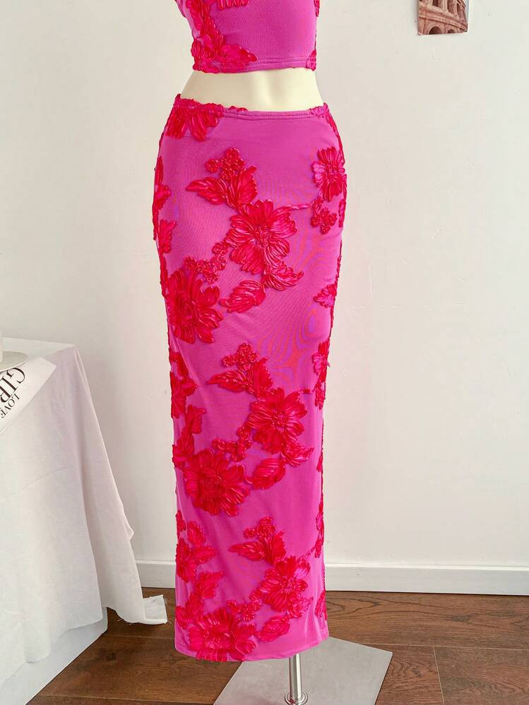 Soleia New Burgundy Knitted Mesh Embroidered Bodycon Mermaid Maxi Skirt | SHEIN