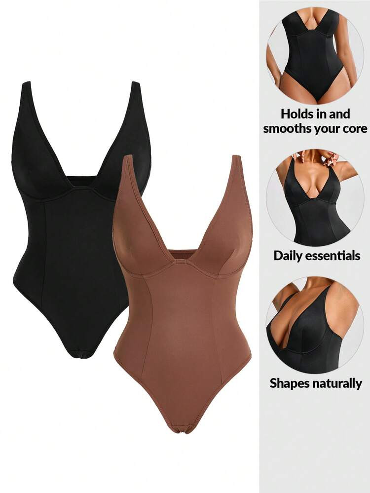 SHAPORA 2pcs Women's Deep V-Neck Bodysuit For Shaping | SHEIN