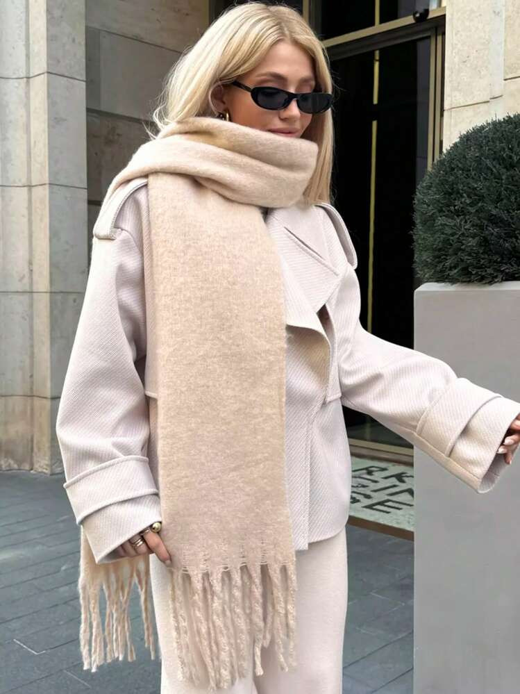 1pc Women's Solid Color Faux Fur Tassel Scarf, Warm & Comfortable Large Shawl, Simple & Versatile... | SHEIN