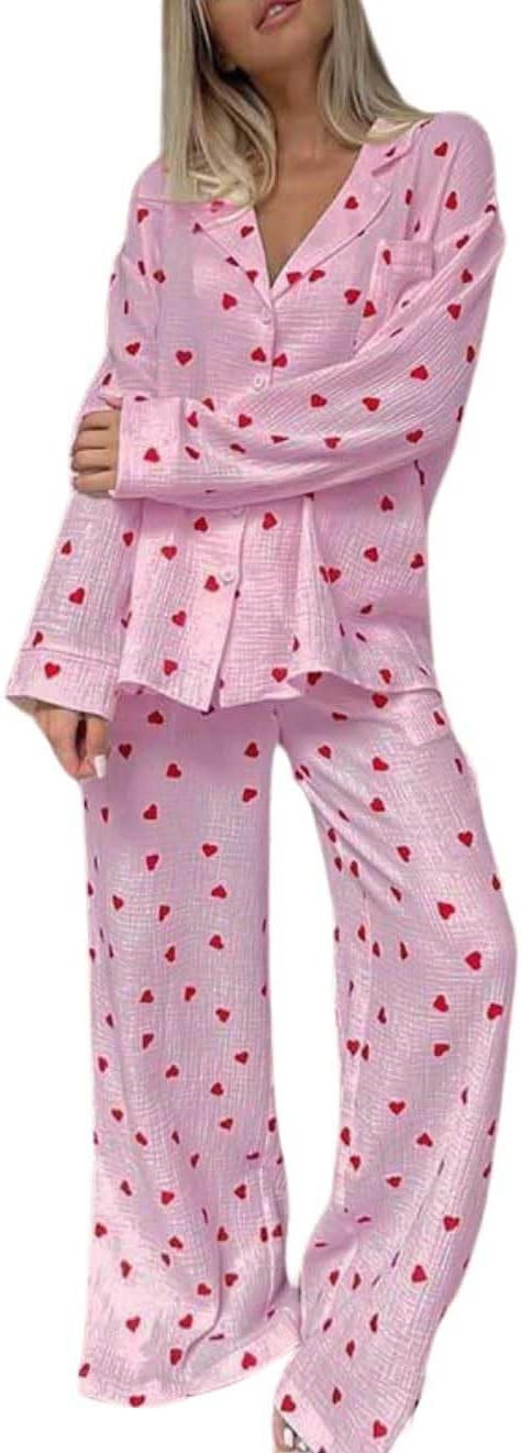 Womens Pajama Sets Cotton Pj Set Cute Heart Print Long Sleeve Button Down Shirt With Long Pants | Amazon (US)
