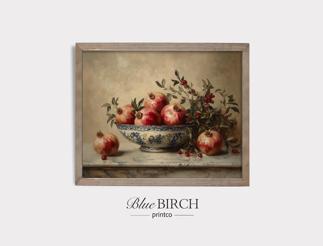 Vintage Pomegranate Still Life Wall Art, Moody Kitchen Printable, Rustic Fruit Bowl Painting, Cla... | Etsy (US)