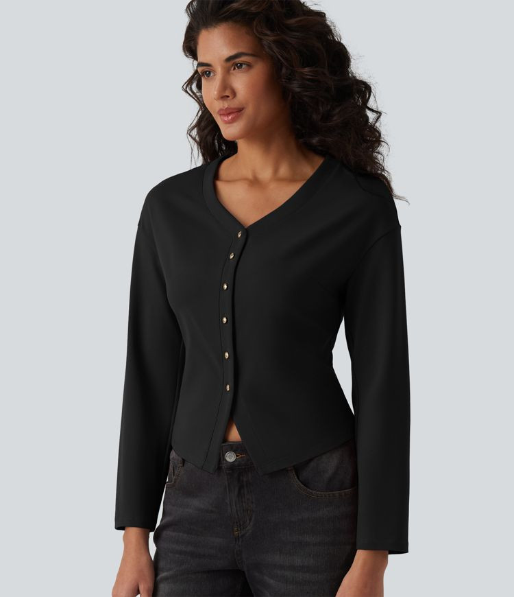 V-neck Long Sleeve Button Fly Casual Top | Halara-AU