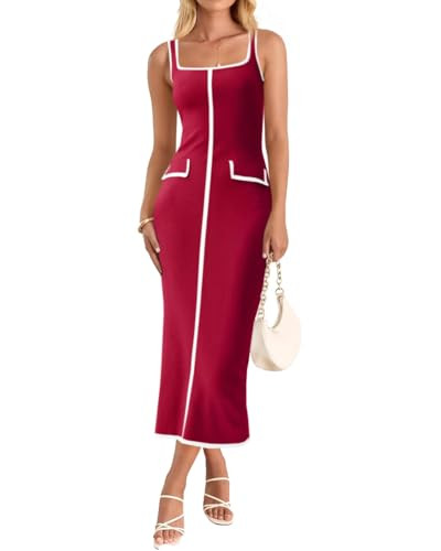 Saodimallsu Womens Summer Sleeveless Midi Dress Square Neck Knit Cocktail Bodycon Color Block Tan... | Amazon (US)