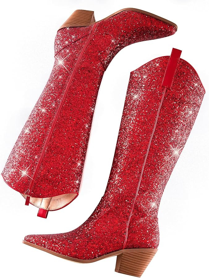 Cowboy Boots for Women Pointed Toe Western Cowgirl Boots Chunky High Heel Glitter Boots for Prom ... | Amazon (US)