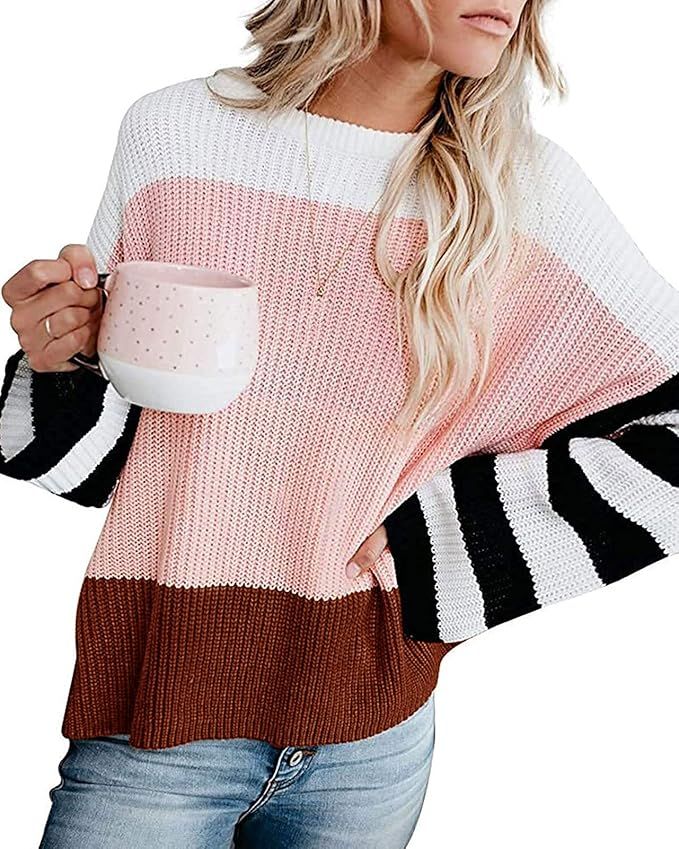 ZESICA Women's Long Sleeve Crew Neck Striped Color Block Casual Loose Knitted Pullover Sweater To... | Amazon (US)