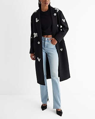 Faux Wool One Button Rhinestone Embellished Coat | Express