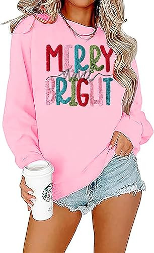 Merry Christmas Sweatshirts Women Merry And Bright Christmas Pullover Top Chenille Patch Letter P... | Amazon (US)